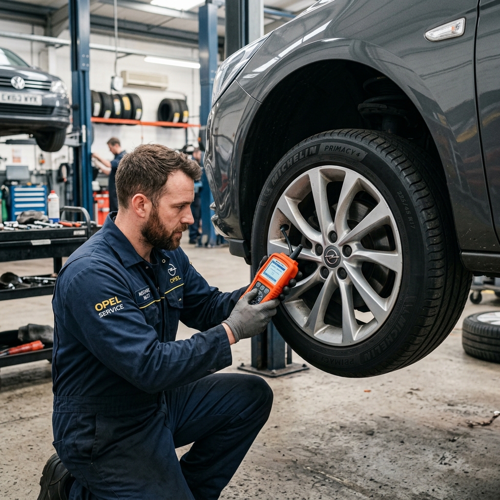 Mechanik provádí kalibraci TPMS senzorů u vozu Opel