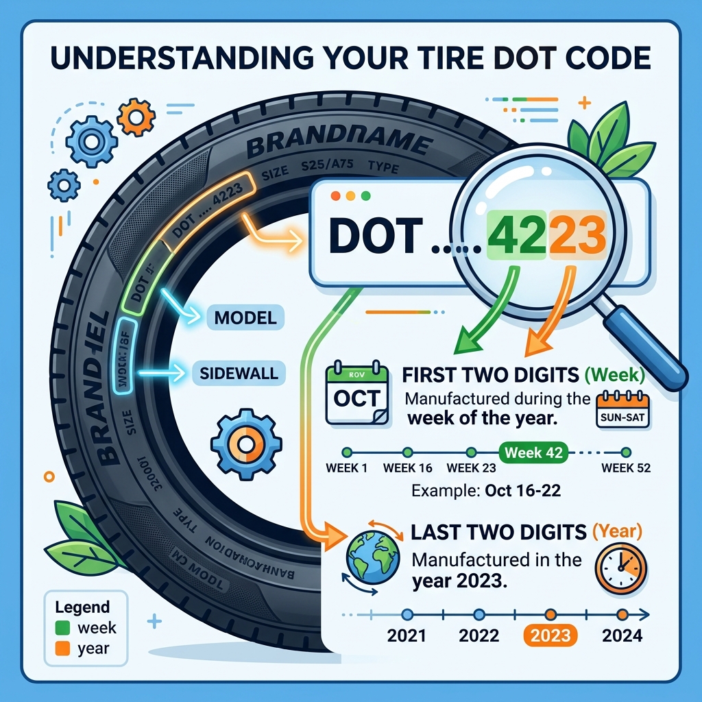 Infografika vysvětlující čtení 4 číslic DOT kódu na pneumatice