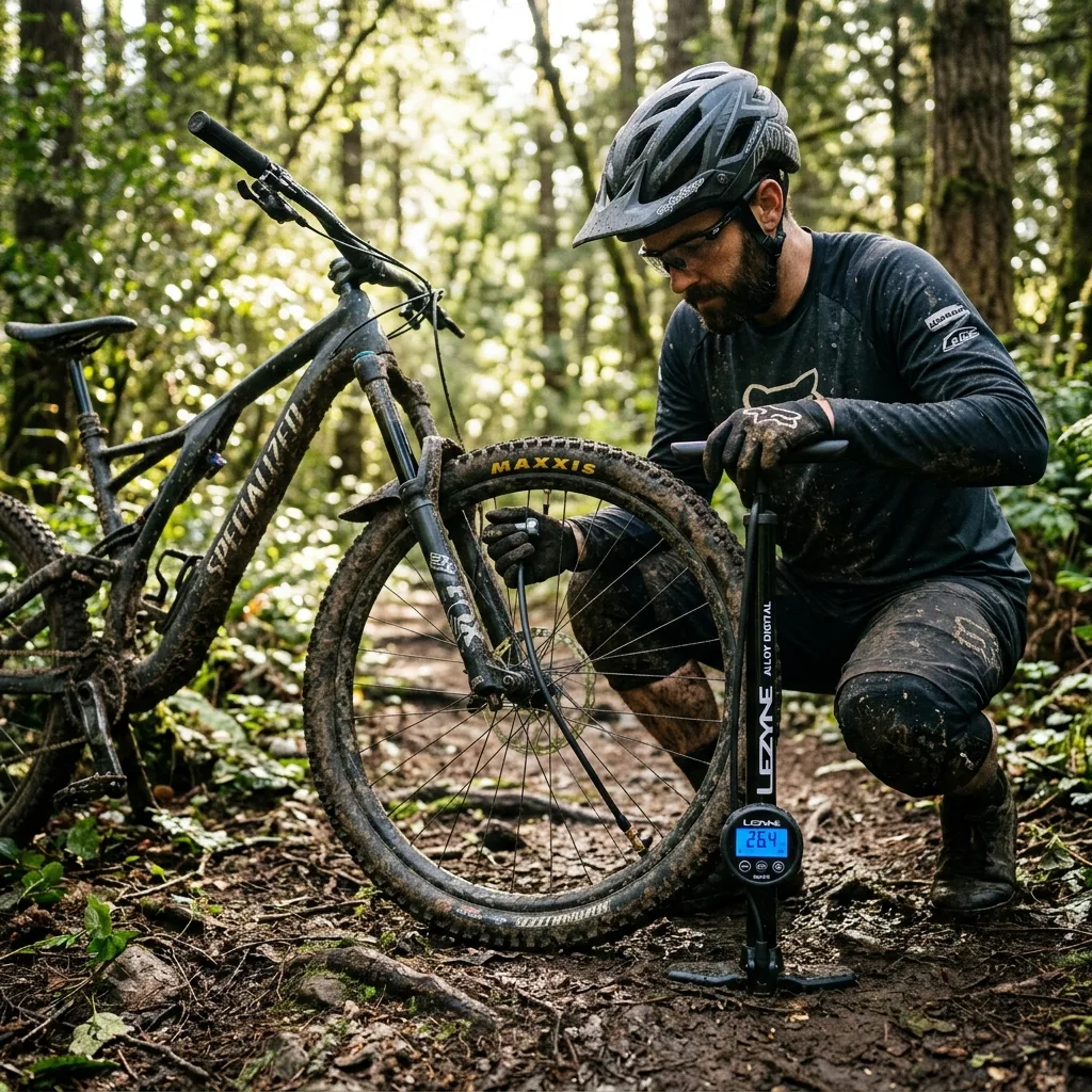 Cyklista kontroluje tlak v pneumatikách horského kola na lesní cestě