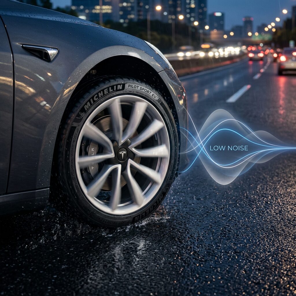 Automobil jedoucí po silnici s detailem na tichou rotující pneumatiku