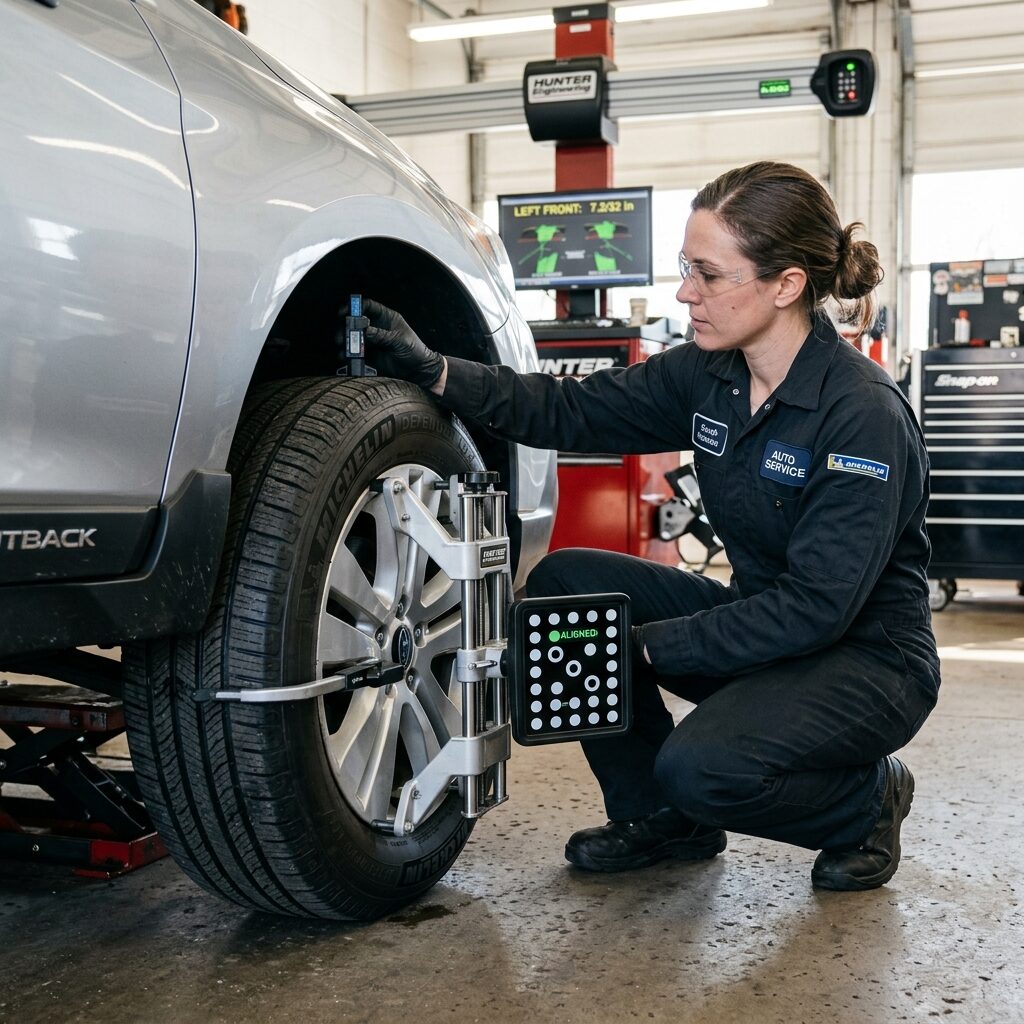 Mechanik kontrolující hloubku dezénu a geometrii kola v autoservisu