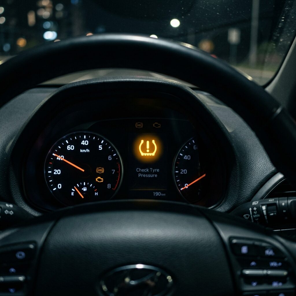 Svítící žlutá kontrolka TPMS na palubní desce vozu Hyundai i30