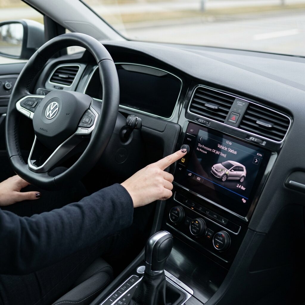Rozsvícená varovná kontrolka detekce tlaku v pneumatikách na palubní desce Škoda Rapid