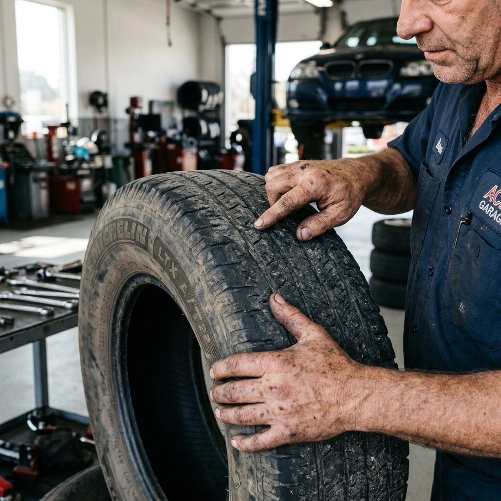 Mechanik kontroluje opotřebení běhounu a plošku na pneumatice