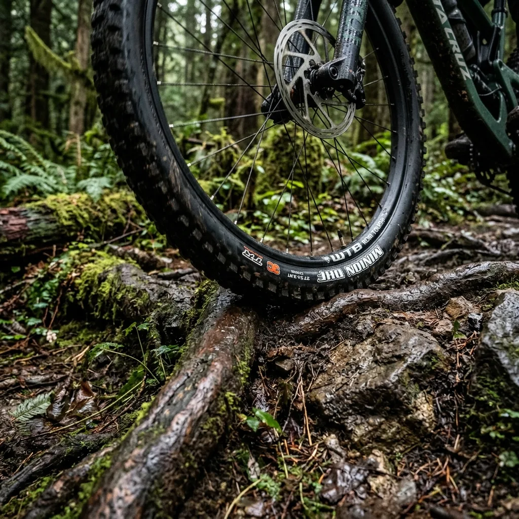 Detail MTB pláště deformujícího se při přejezdu přes kořeny díky správnému tlaku