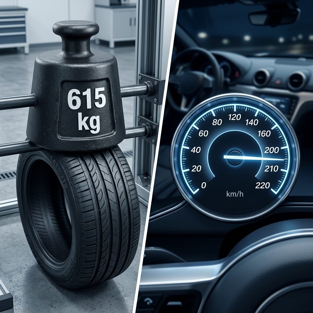 Grafické znázornění nosnosti 615 kg a maximální rychlosti 210 km/h pro index 91H