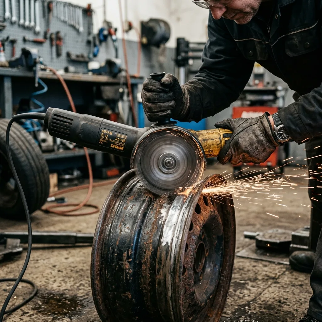Mechanické odstraňování rzi z plechového disku pomocí brusky