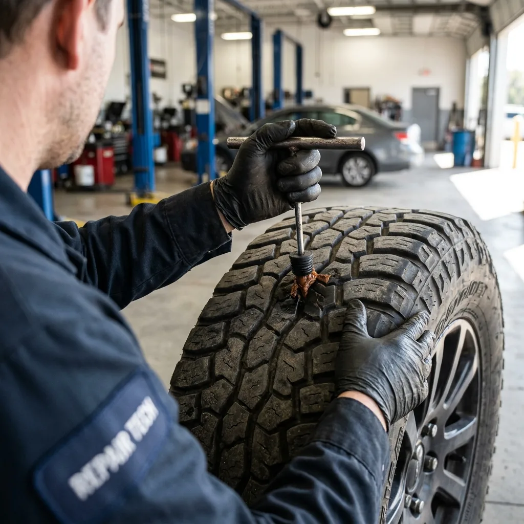 Mechanik opravuje píchlou pneumatiku pomocí vulkanizačního knotu