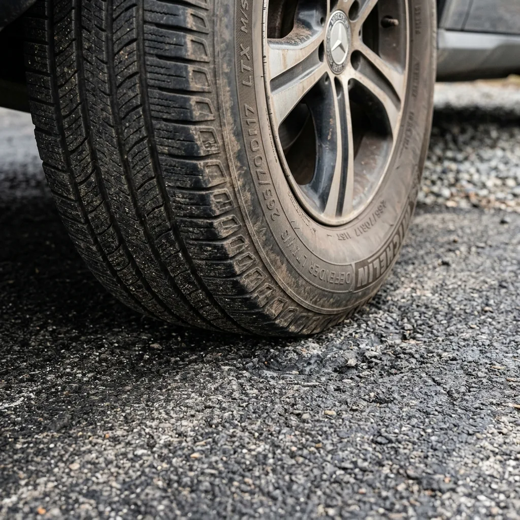 Detailní pohled na plošku na pneumatice způsobenou dlouhodobým stáním