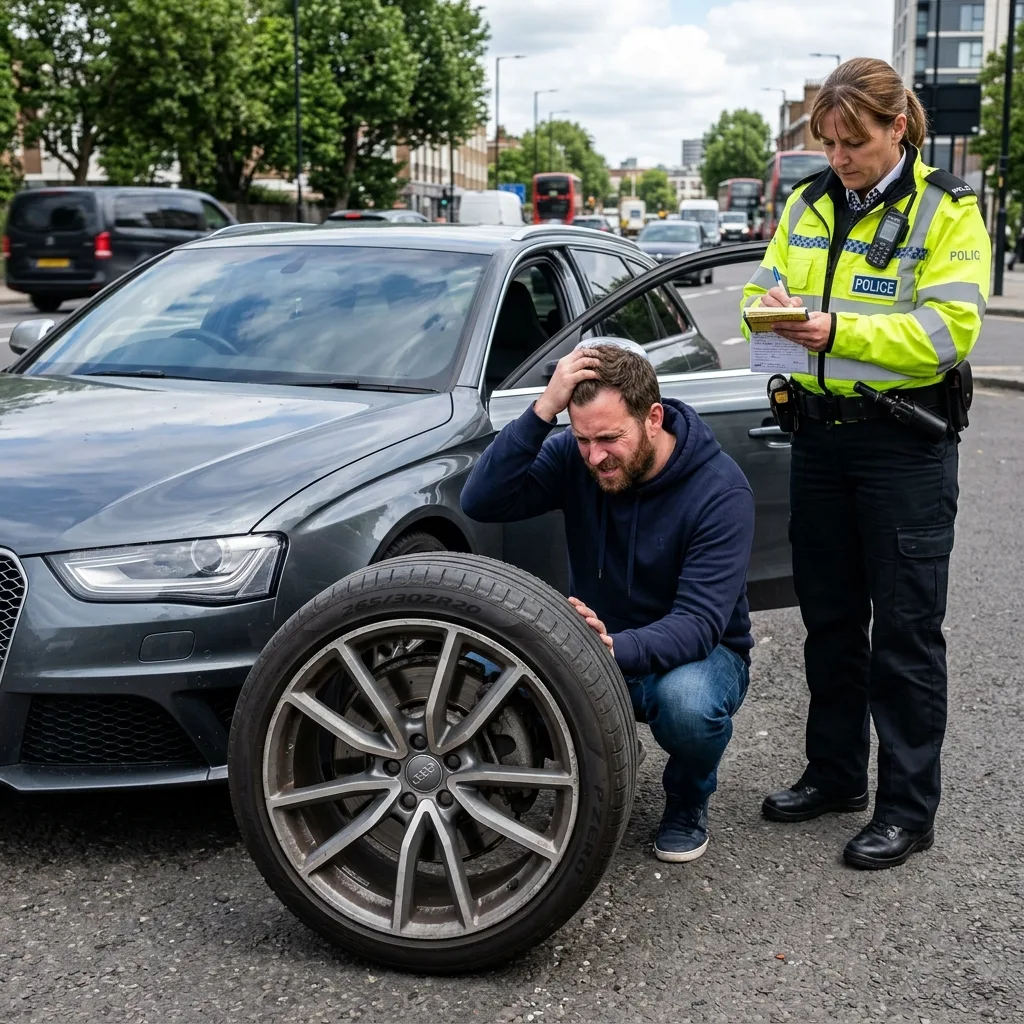 Policista dává řidiči pokutu za neschválený rozměr pneumatik na autě