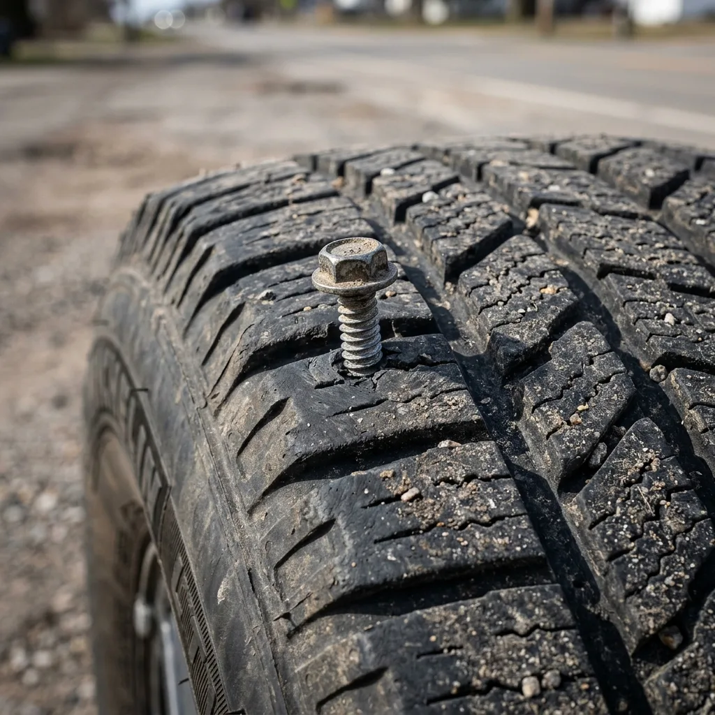 Detail šroubu zabodnutého do běhounu pneumatiky automobilu