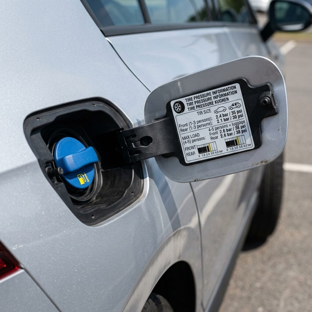Štítek s doporučeným tlakem pneumatik na víčku nádrže Škoda Octavia
