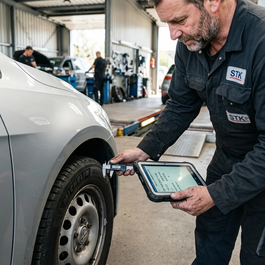 Technik na STK kontroluje schválený rozměr pneumatik v digitálním registru vozidel