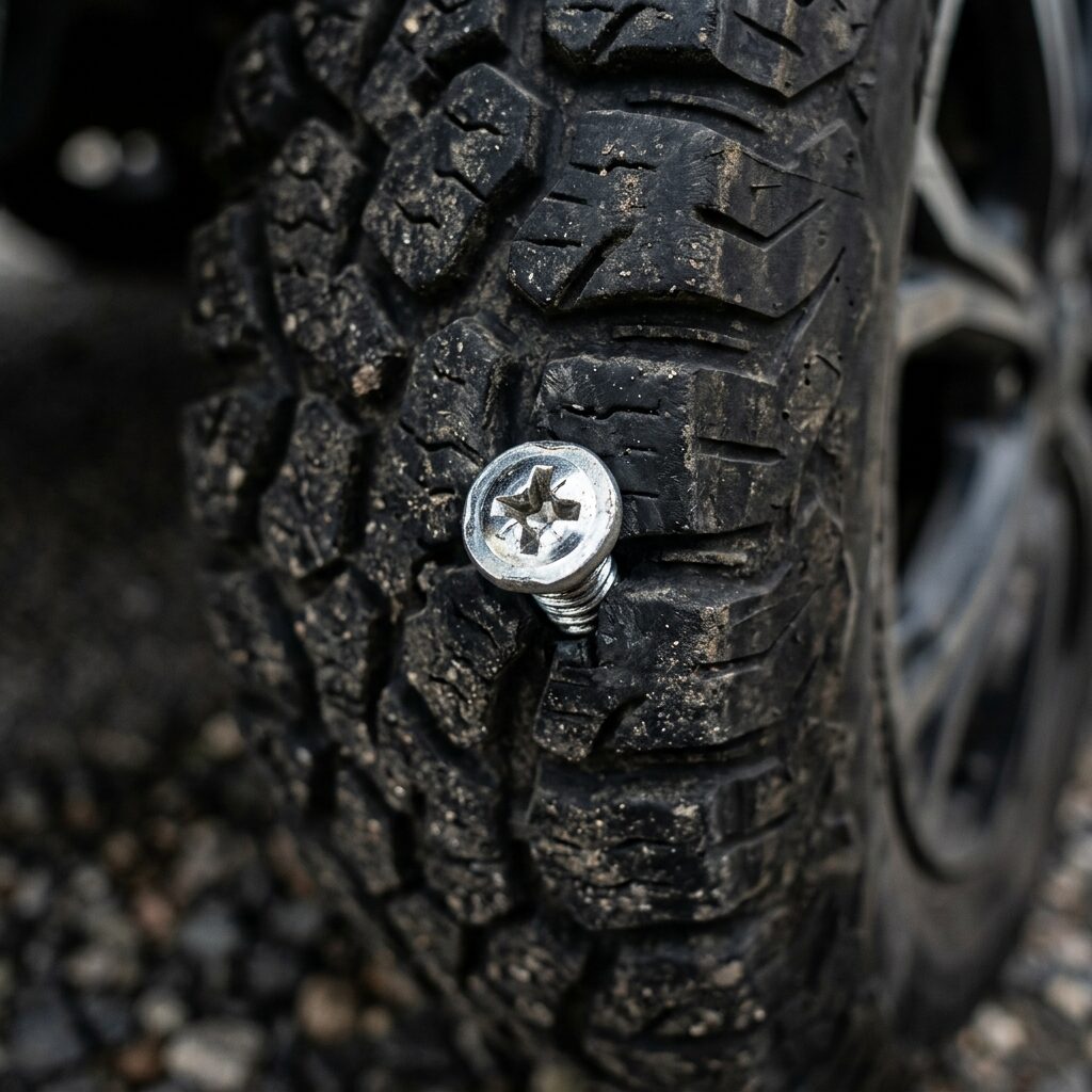 Detailní pohled na kovový vrut zapíchnutý v běhounu automobilové pneumatiky