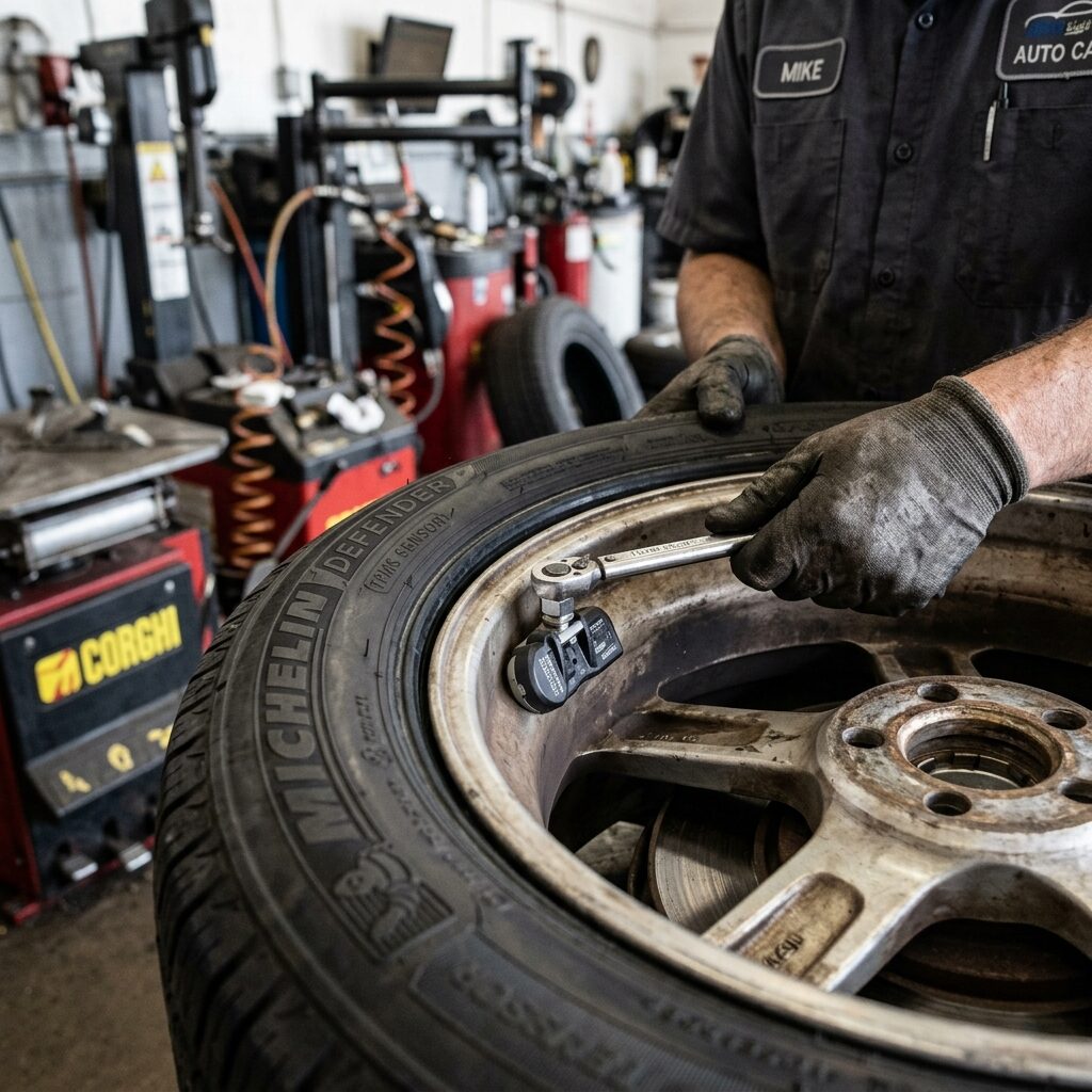 Detailní pohled na TPMS senzor ve ventilku pneumatiky při výměně